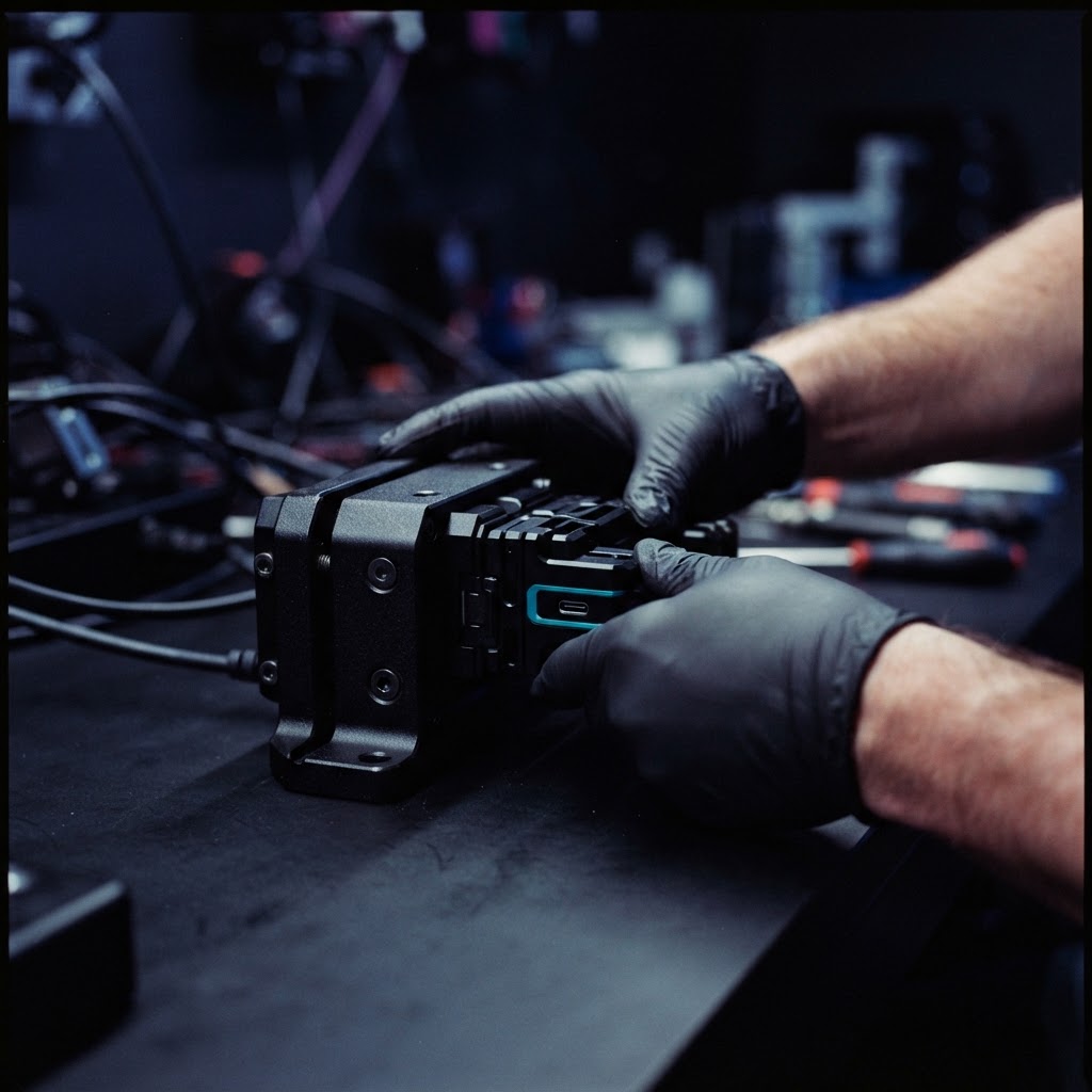 Hands connecting modular server components on a desk