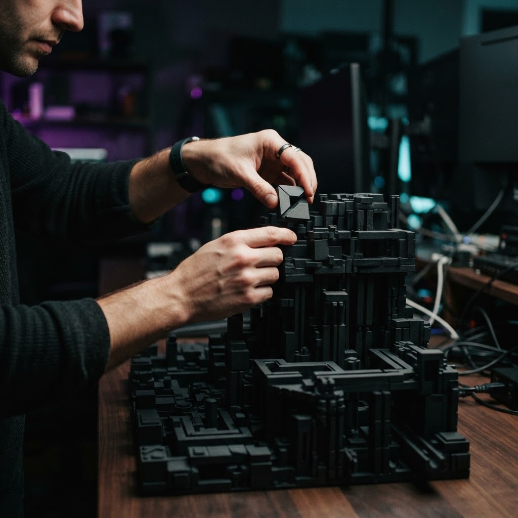 Hands assembling a modular geometric structure