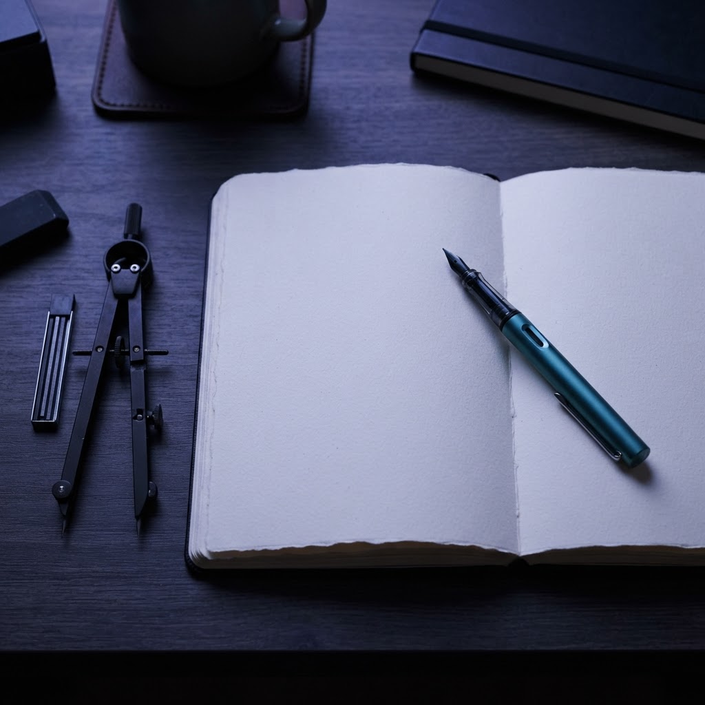 Notebook and drafting tools on a dark wood desk