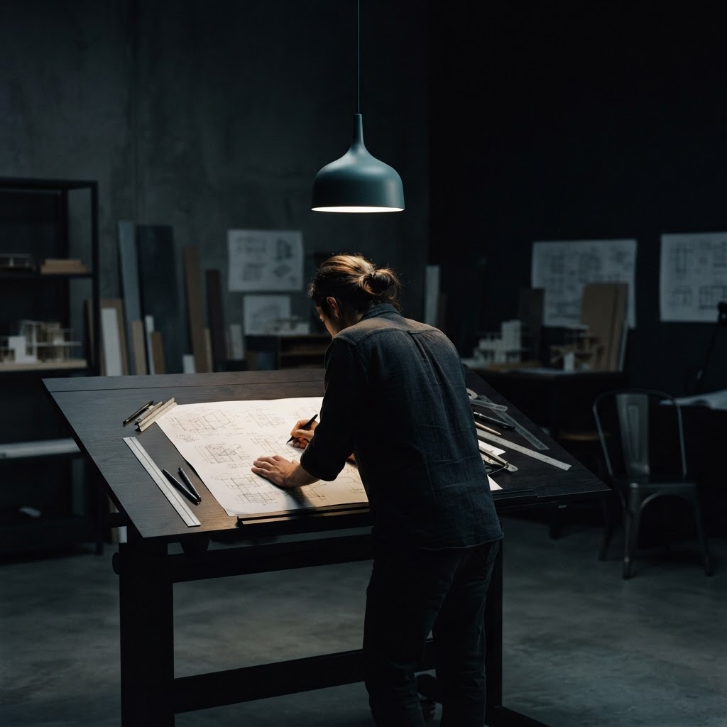 Person working at a drafting table under teal light