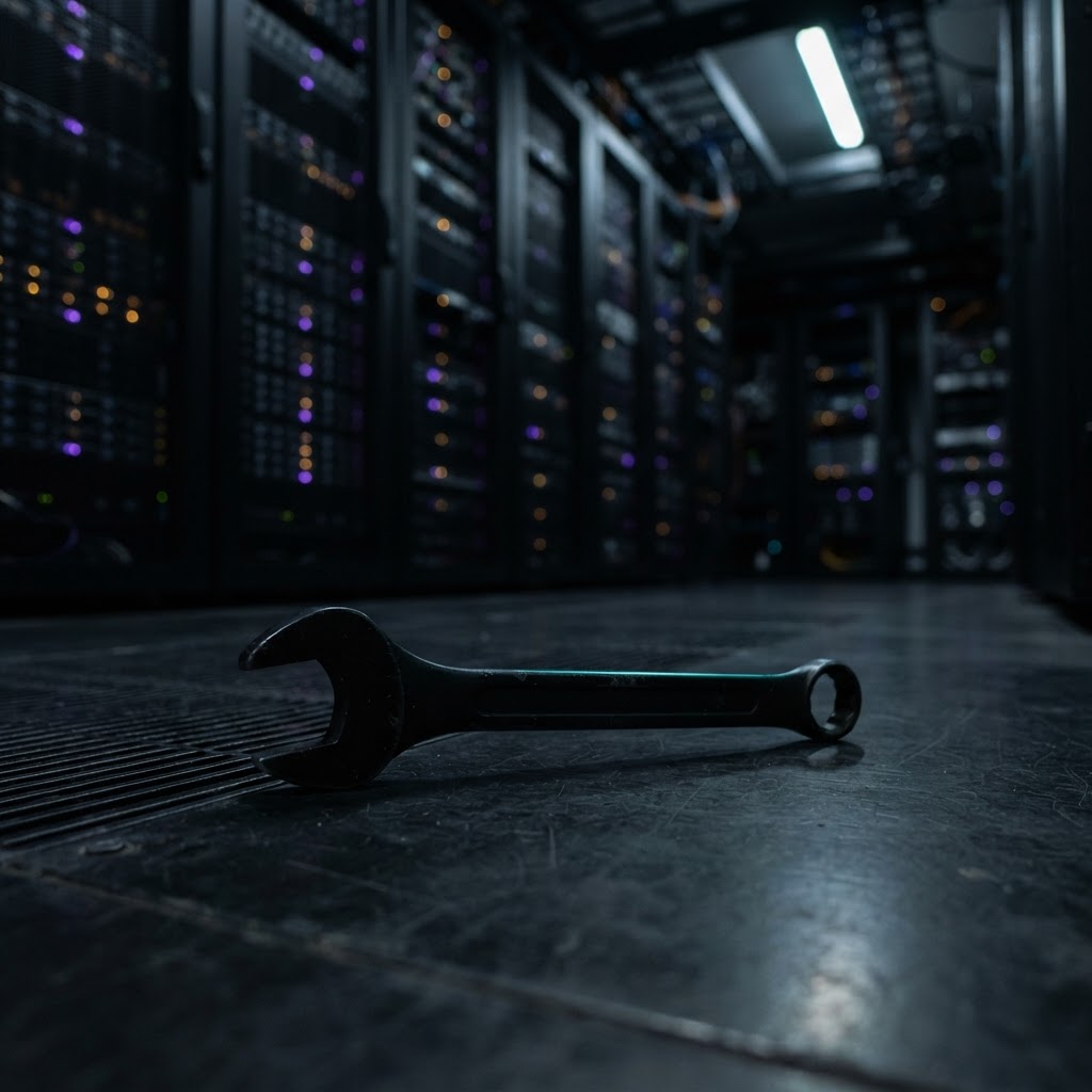 A heavy-duty wrench on a dark surface in a server room