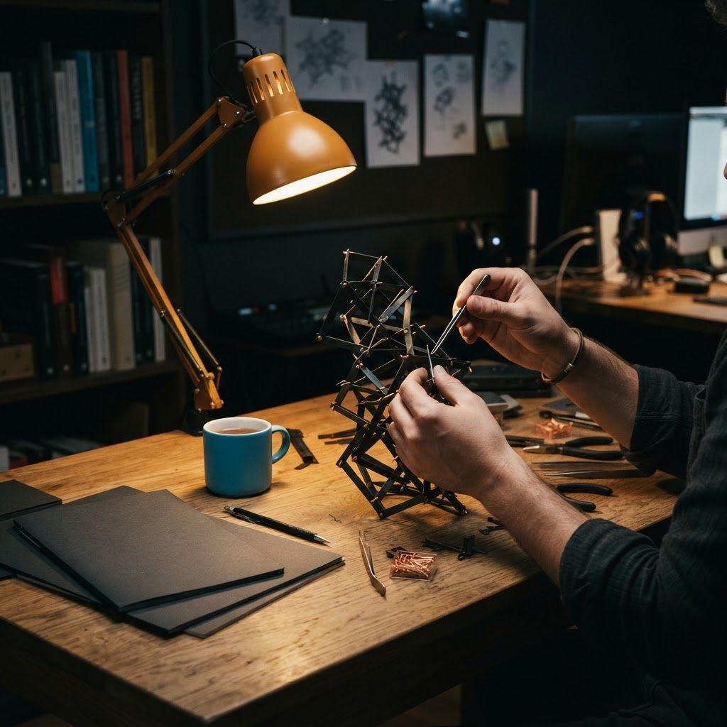 Developer assembling a complex metal structure at a dark desk
