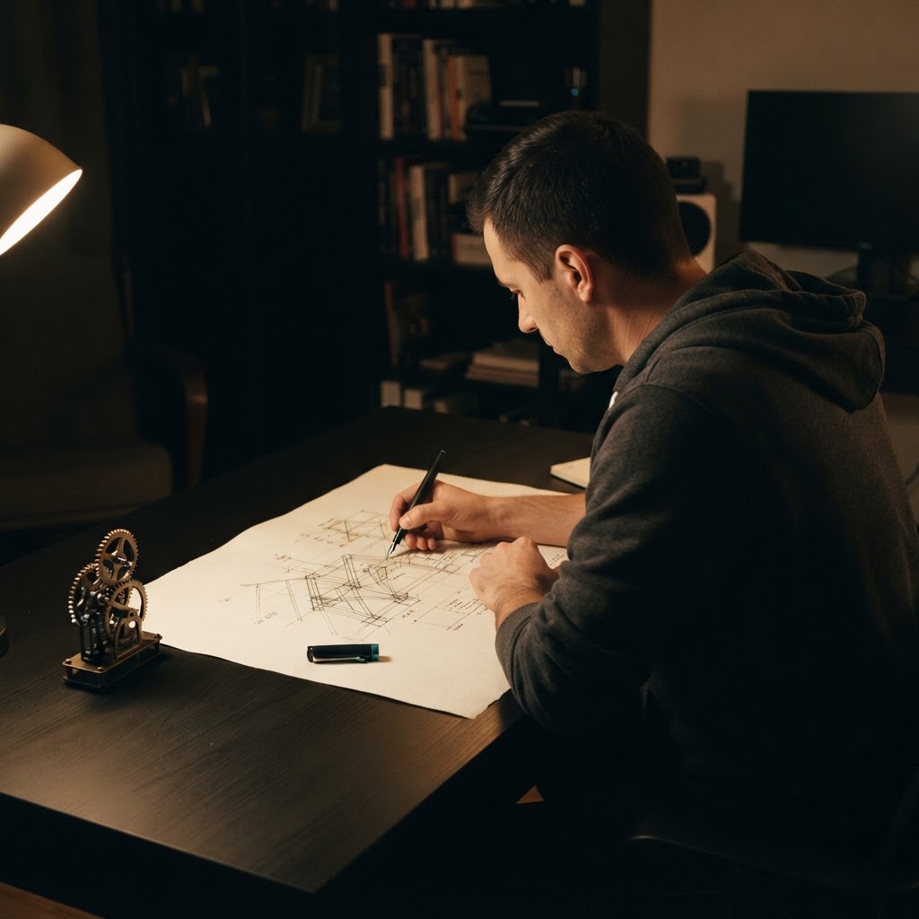 Developer sketching system architecture on paper at a dark desk