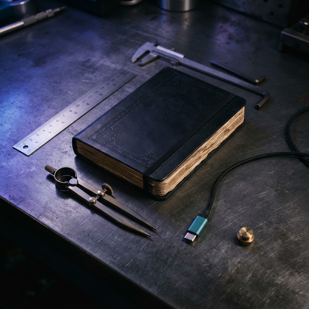 Precision engineering tools and a technical journal on a metal desk