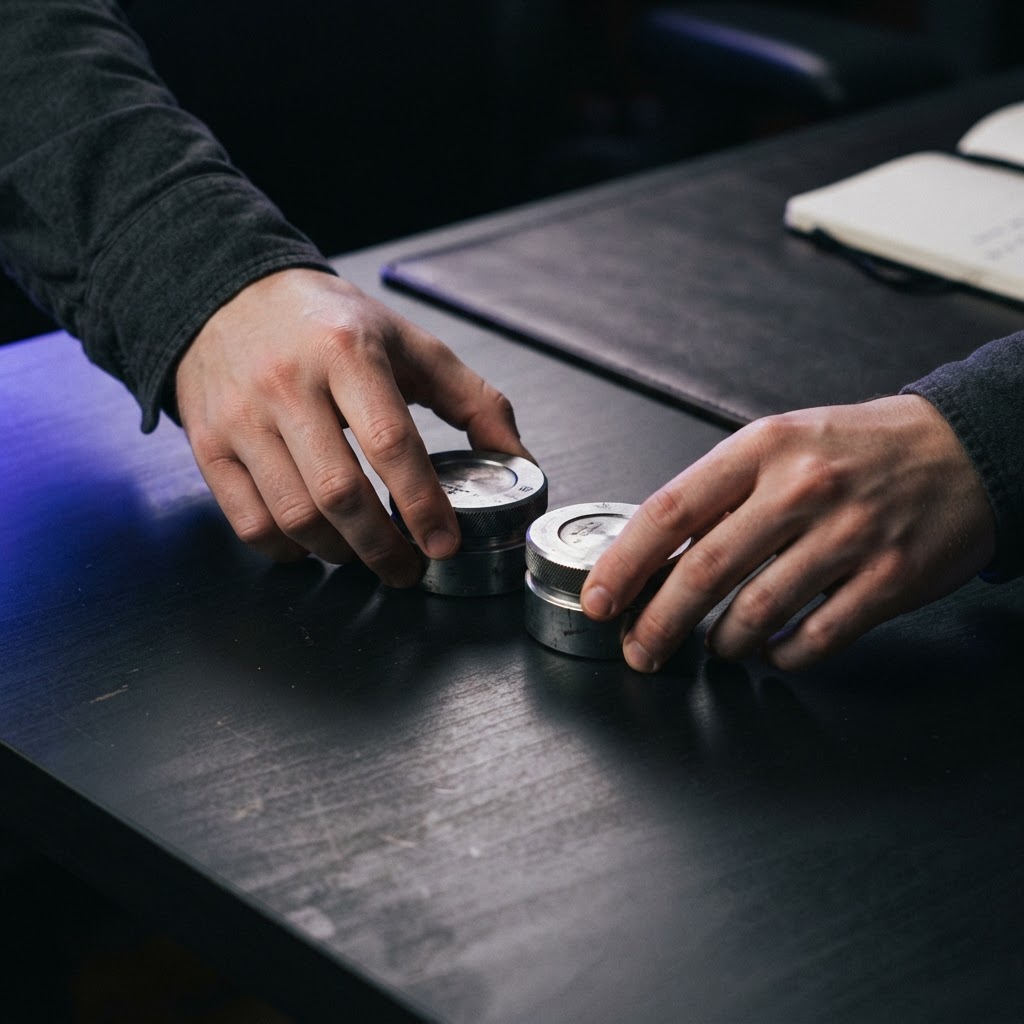 Hands aligning two heavy metal objects on a dark desk