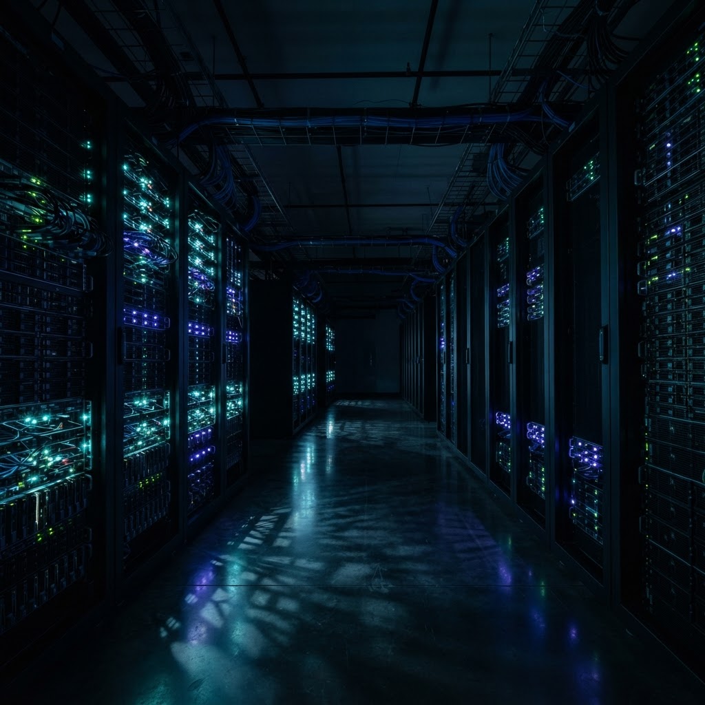 Rows of dark server racks with glowing blue and cyan LED indicators