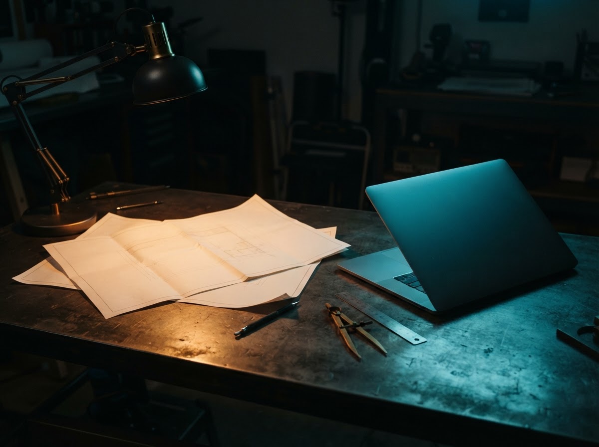 Two distinct lighting paths crossing on a dark engineering desk