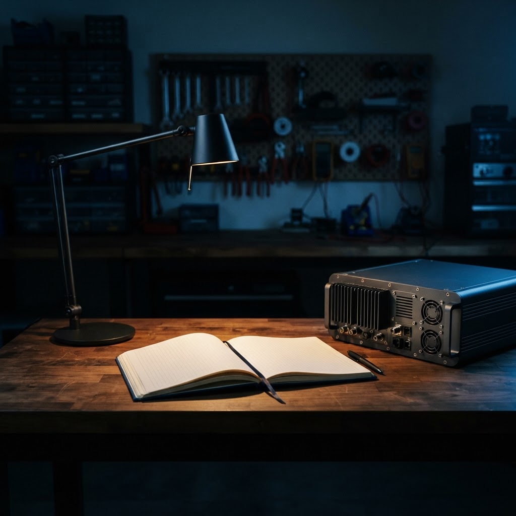 Warm desk lamp illuminating a notebook next to dark industrial hardware