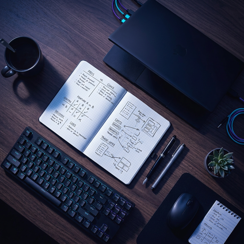 Overhead view of developer tools comparison workspace