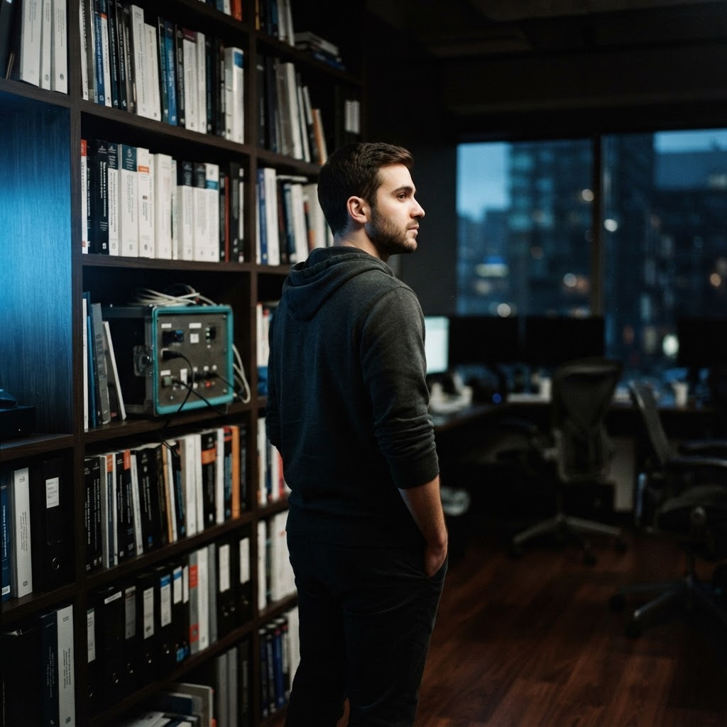 Developer standing near a bookshelf in a moody office
