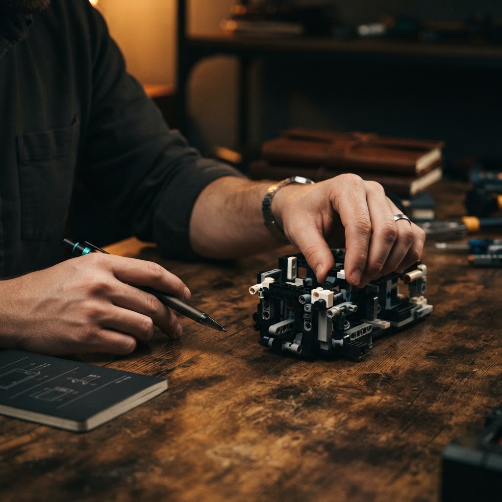 Hands arranging modular blocks on a desk