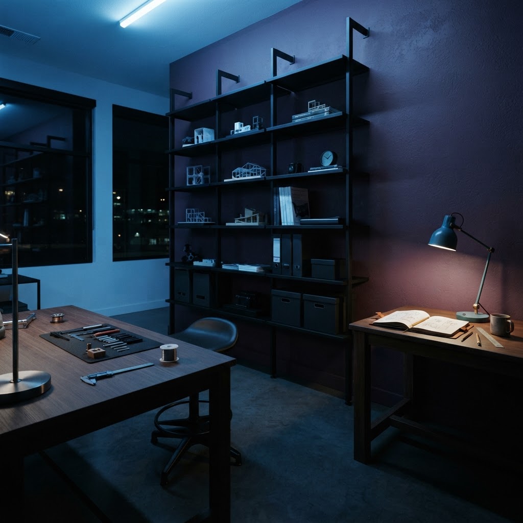 Minimalist office interior with moody lighting