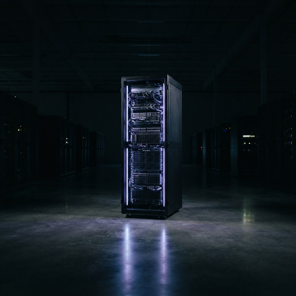 Deep blue and purple server rack in a dark studio