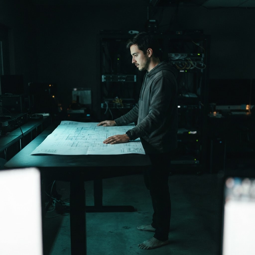 Developer reviewing architectural plans at a dark workstation