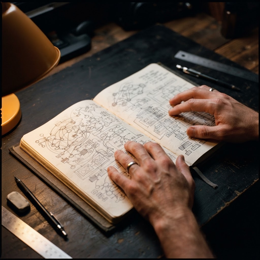 Developer sketching system architecture in a physical notebook