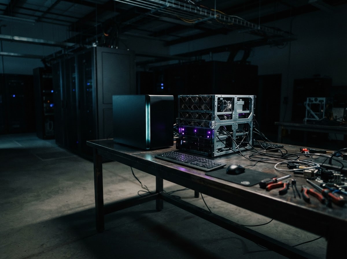 Two distinct server units representing different infrastructure choices on a desk