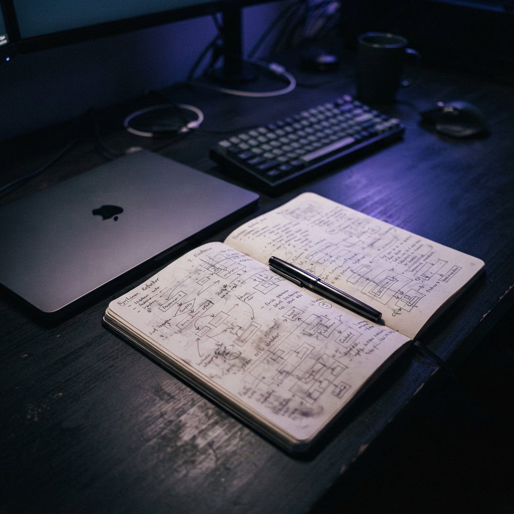 Close up of an engineering notebook on a desk