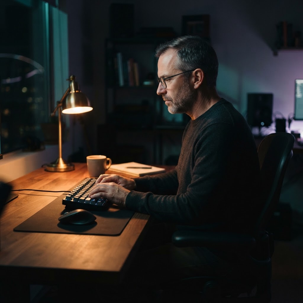 Senior engineer working focused at a desk at night