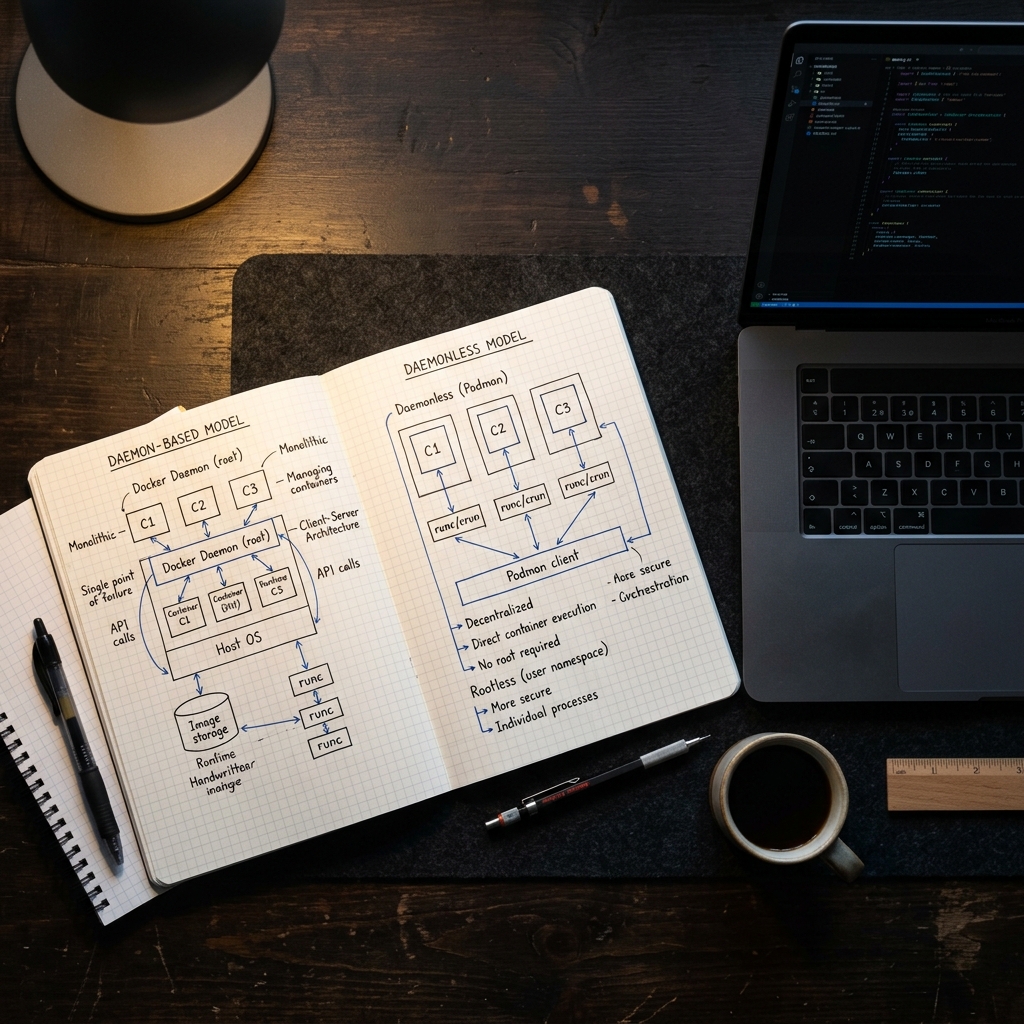 Engineering notebook with container architecture sketches
