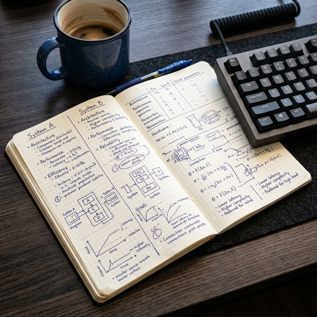 Engineering notebook with handwritten system comparison notes