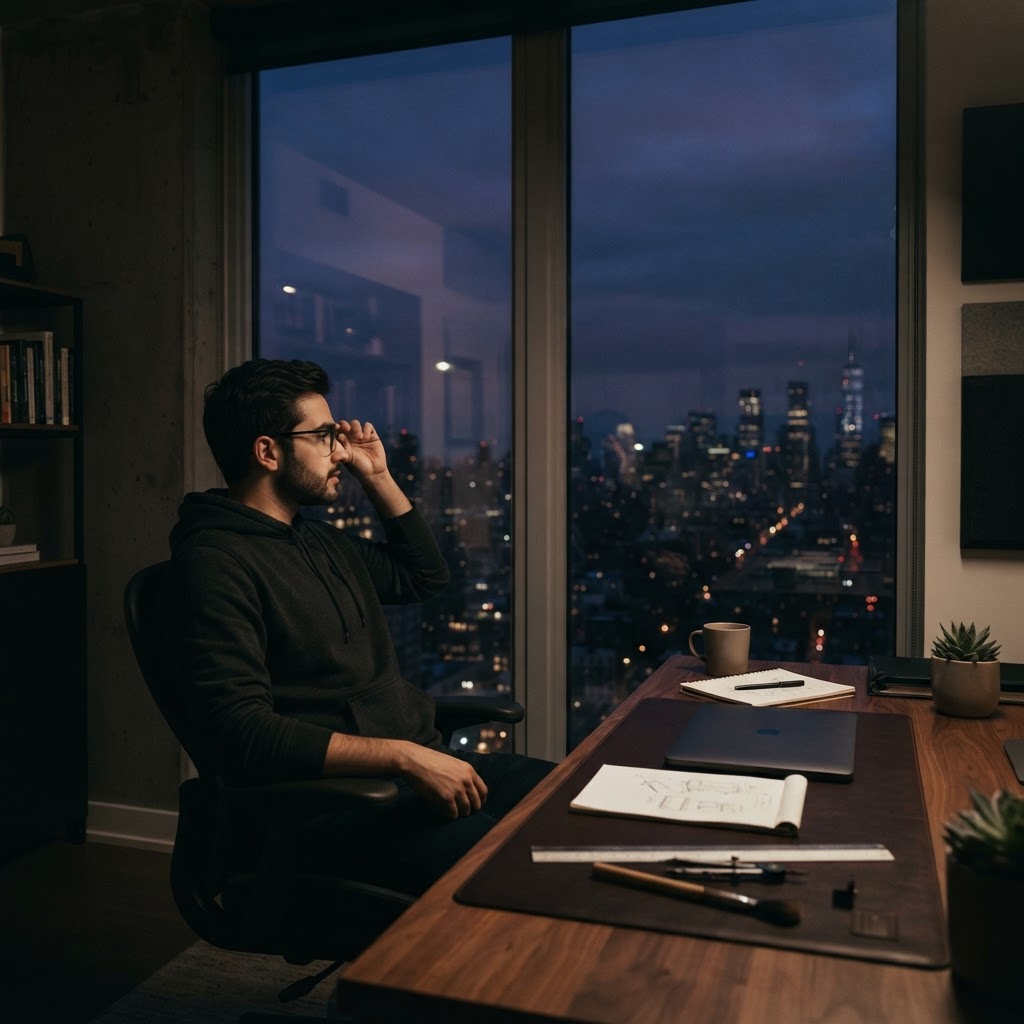 Developer contemplating project logic in a dark office