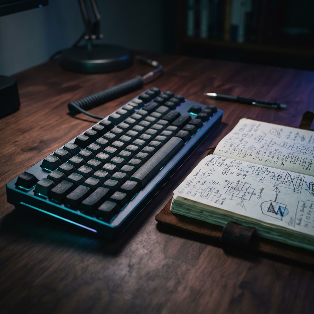A mechanical keyboard and an open technical notebook on a dark desk