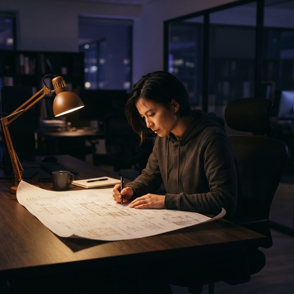 Developer focusing on technical sketches in a dim office