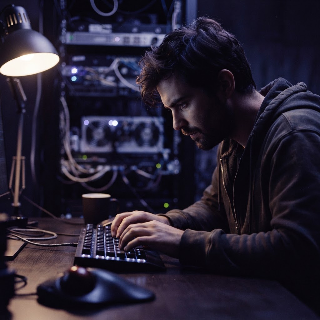 Developer working in a dimly lit office