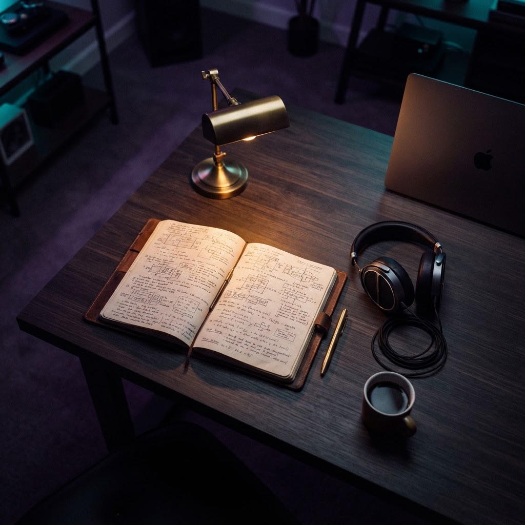 Open notebook on a desk in a dark room