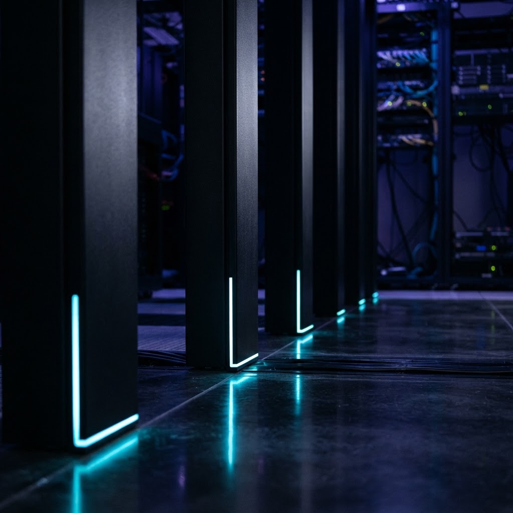 Architectural pillars in a modern data facility with cyan lighting