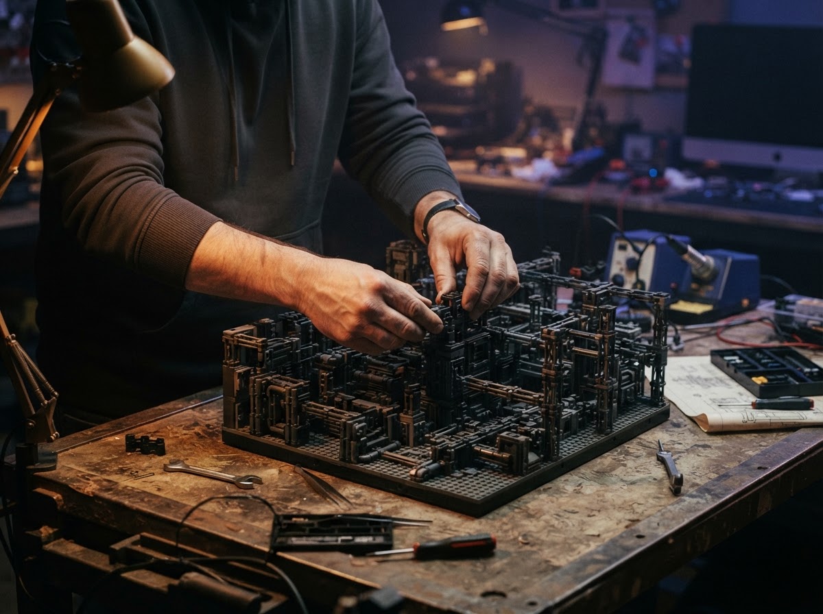 Developer hands assembling modular architectural blocks on a dark workbench