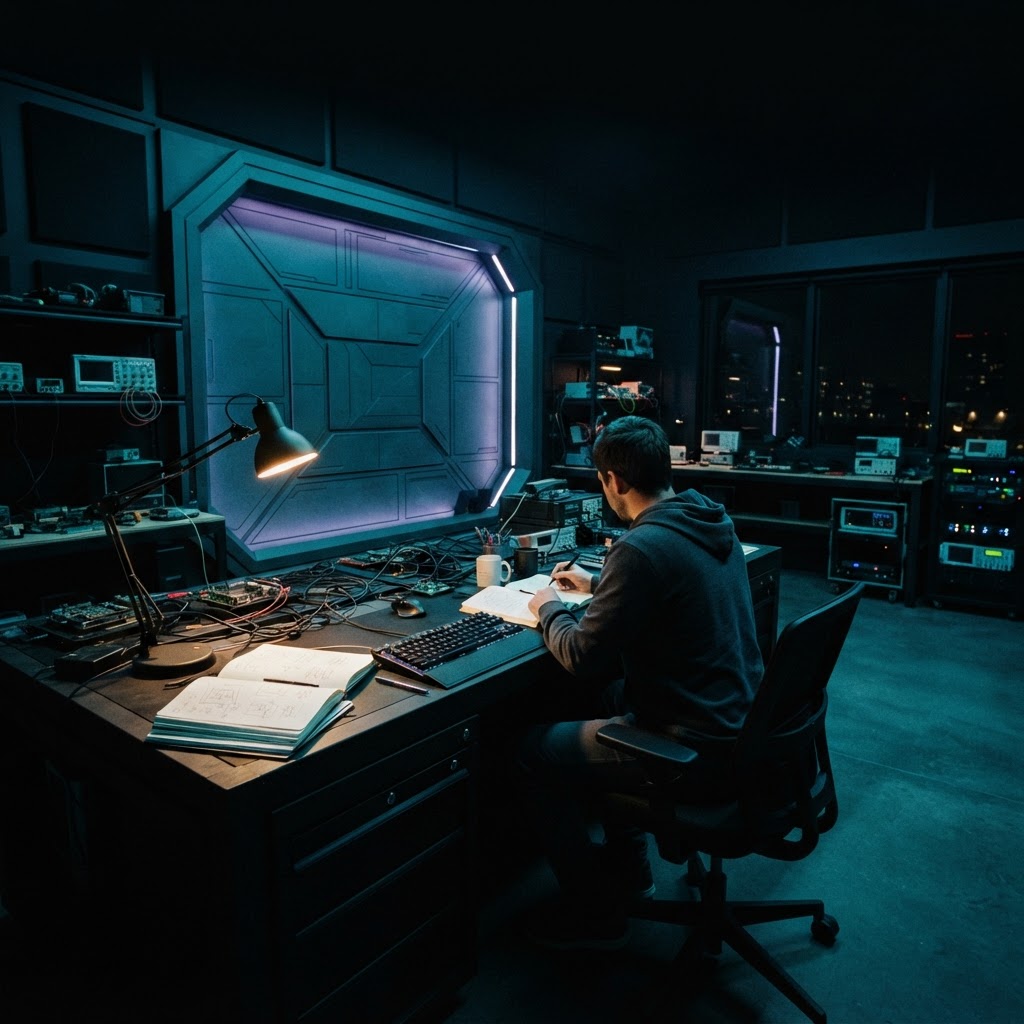 Developer working in a dimly lit, high-tech engineering studio at night