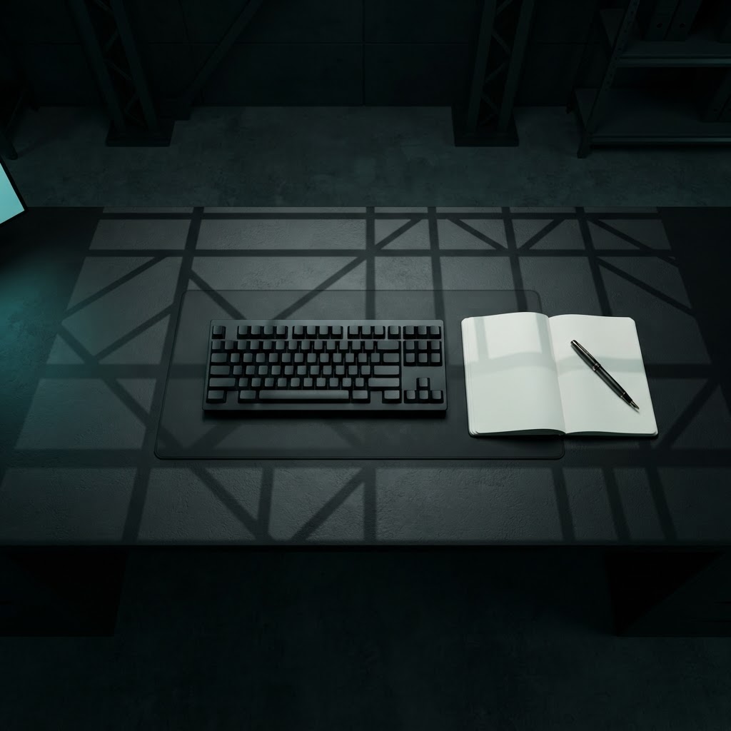 Overhead view of a clean desk setup with a journal and keyboard