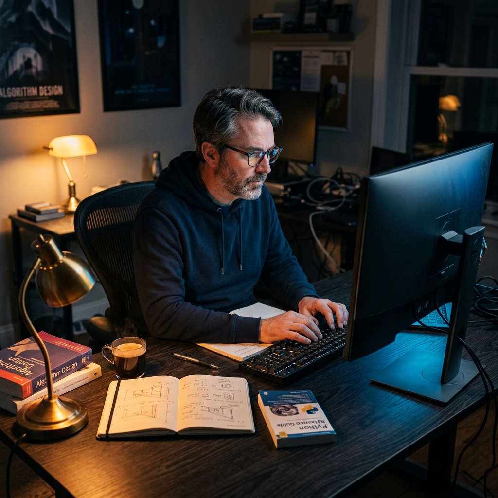 Developer focused on Python code at night