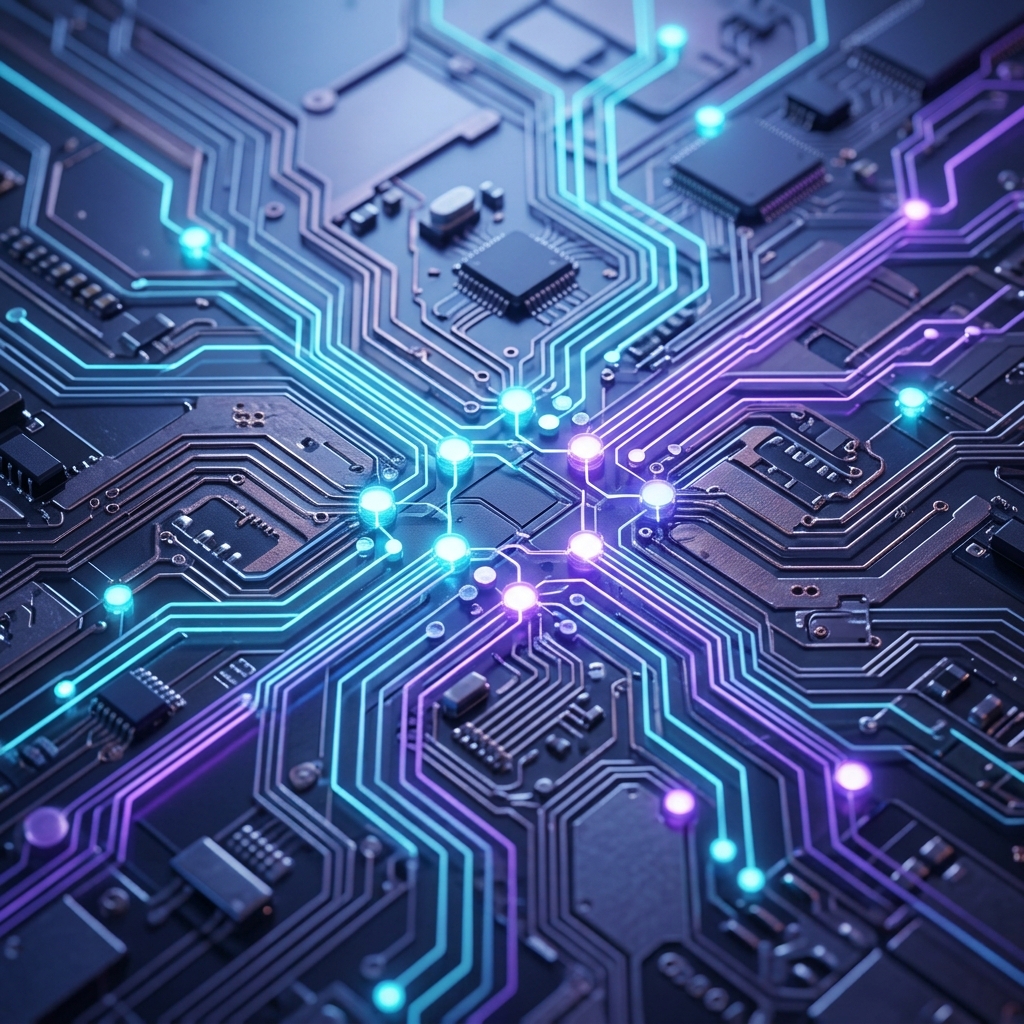 Glowing circuit nodes representing data pipeline architecture