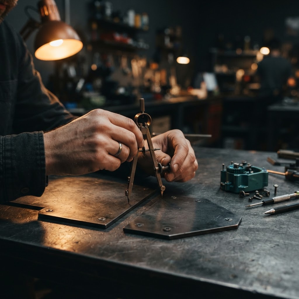 Developer hands measuring metal plates on a dark desk