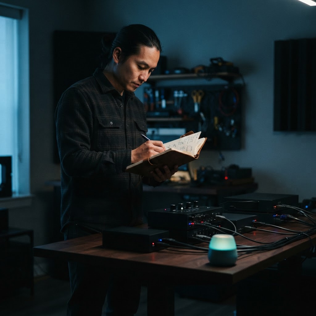 Developer reviewing notes and modular containers in a dark office