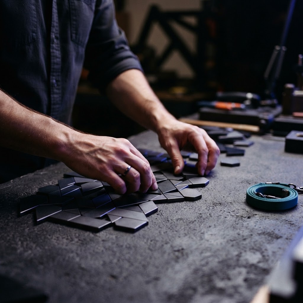 Hands arranging geometric metal tiles on a dark desk