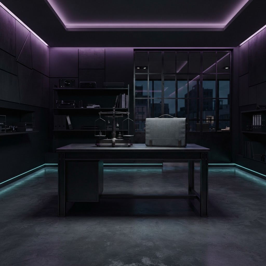 Minimalist engineering desk with scales in a dark office