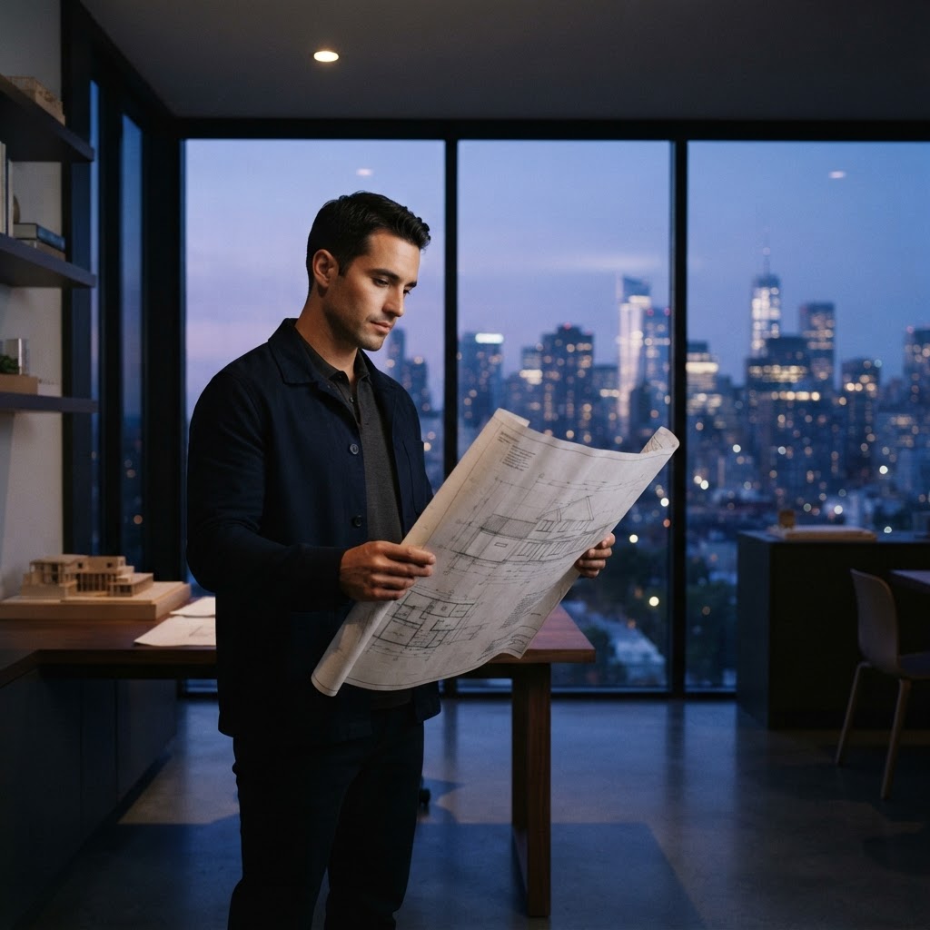 Developer holding a physical house blueprint near a window