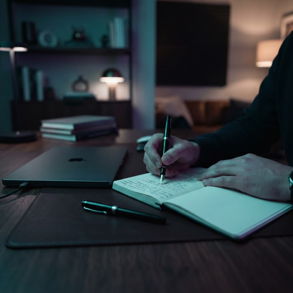Person writing on a notepad at a dark desk