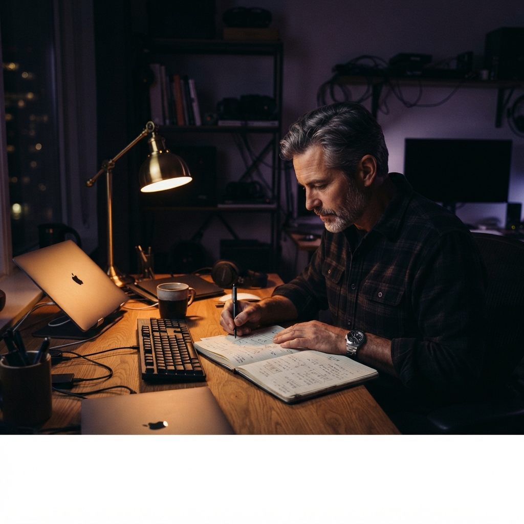 A senior developer working in a dimly lit office