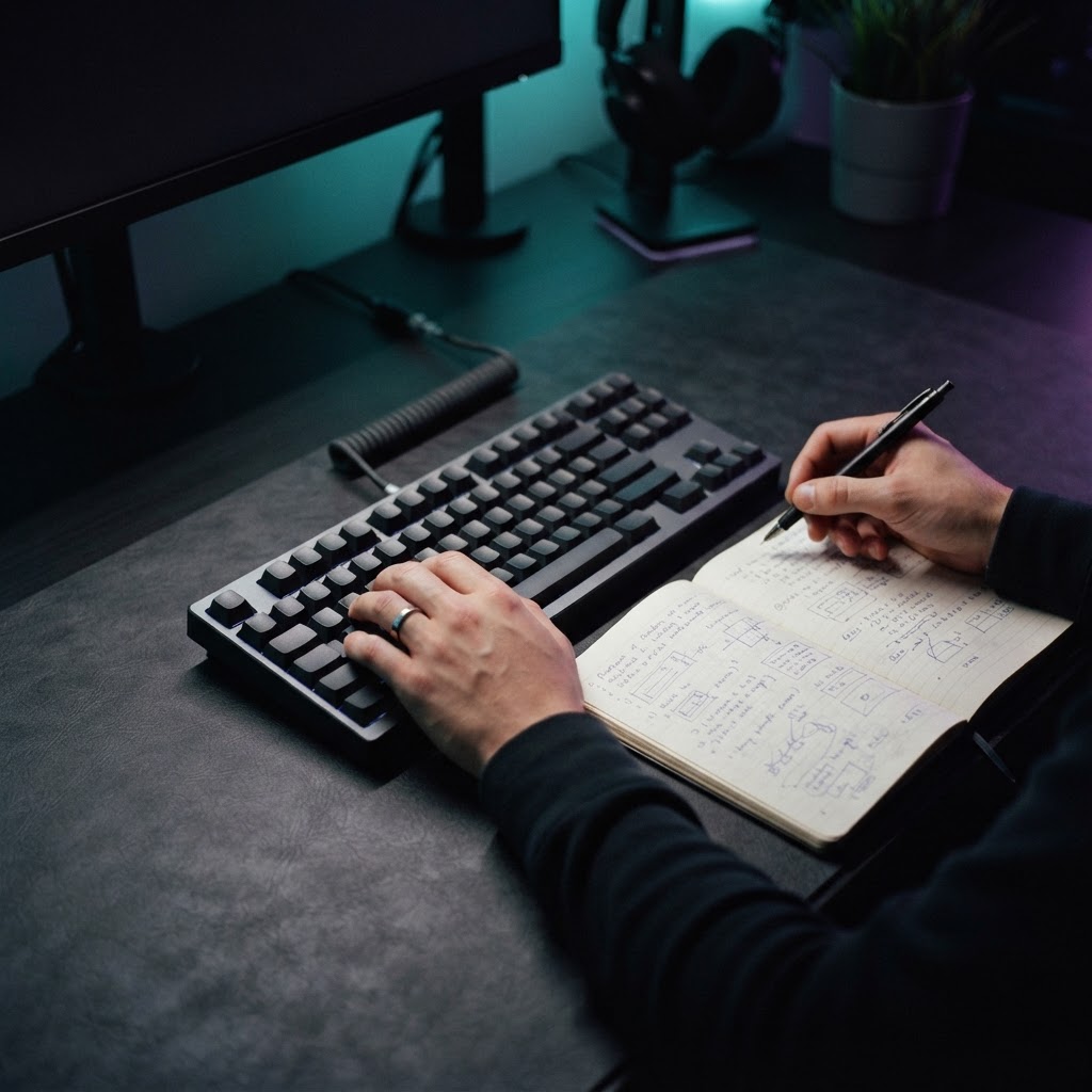 Developer workspace with mechanical keyboard and engineering notebook