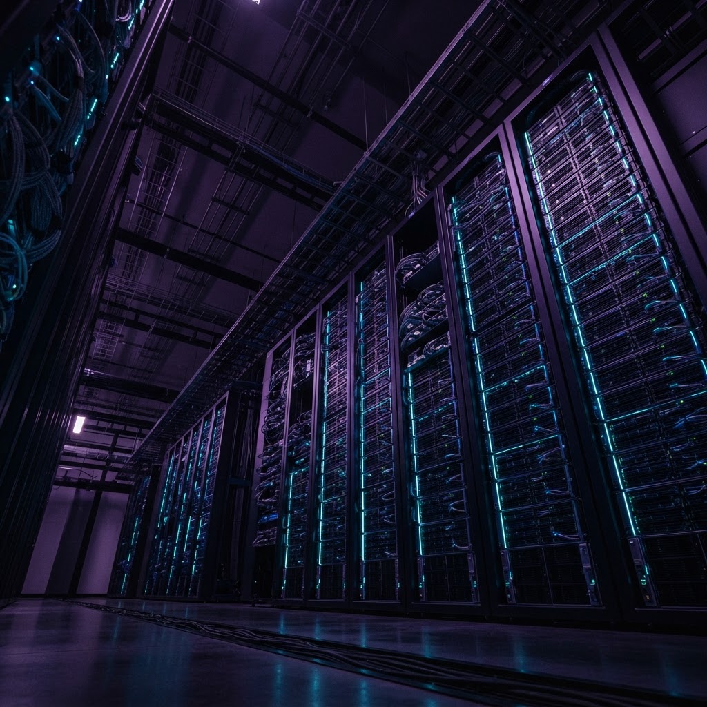 Server rack infrastructure in a dimly lit data center