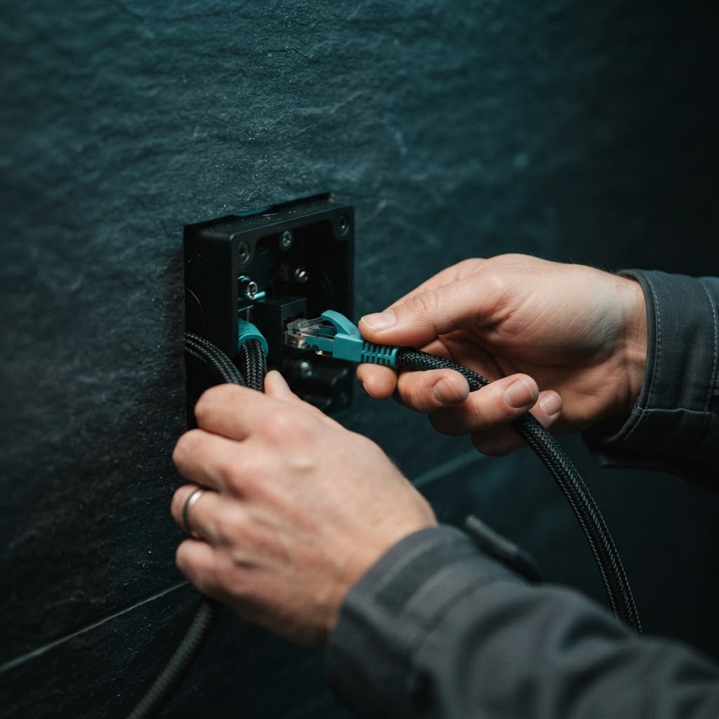 Connecting industrial cables in a dark professional workspace