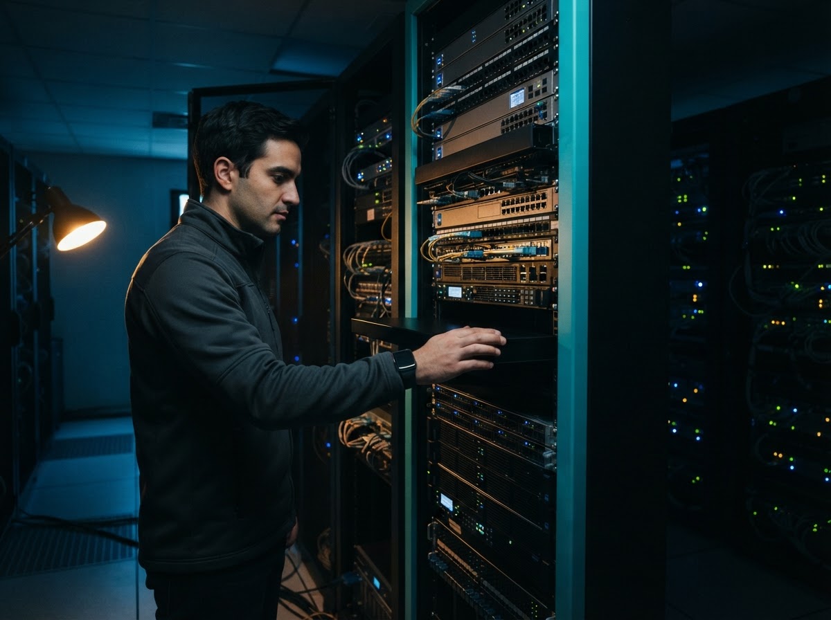 Developer evaluating modular server hardware in a dark room