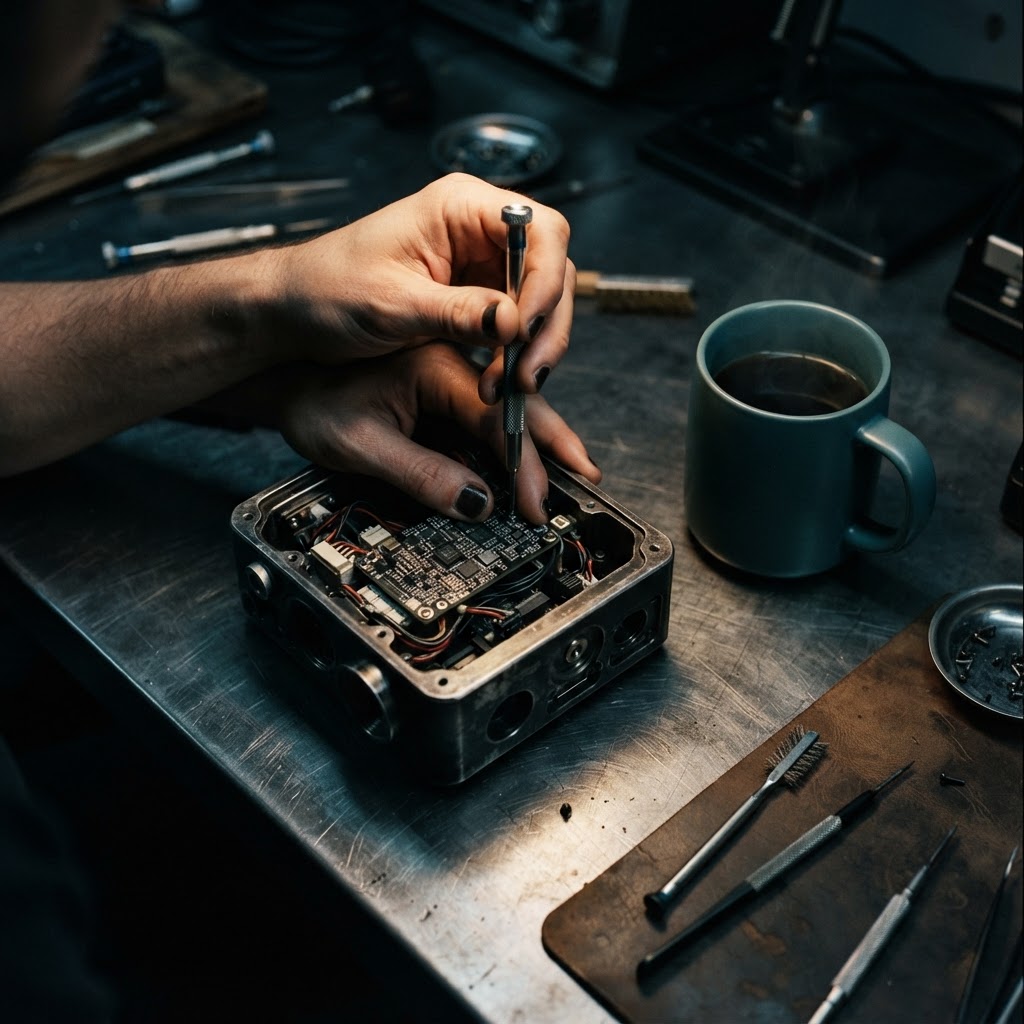 Hands adjusting technical components on a metal workbench