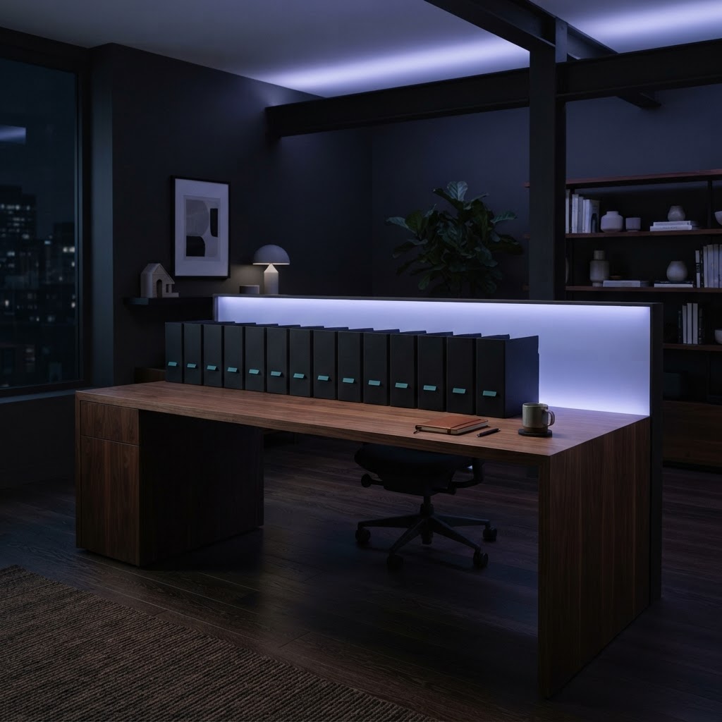 Minimalist home office desk with organized folders