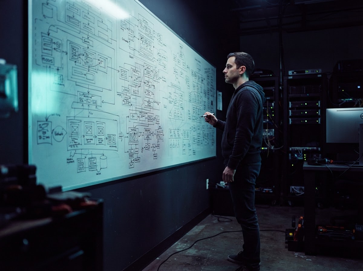 Developer standing before a large system architecture whiteboard at night