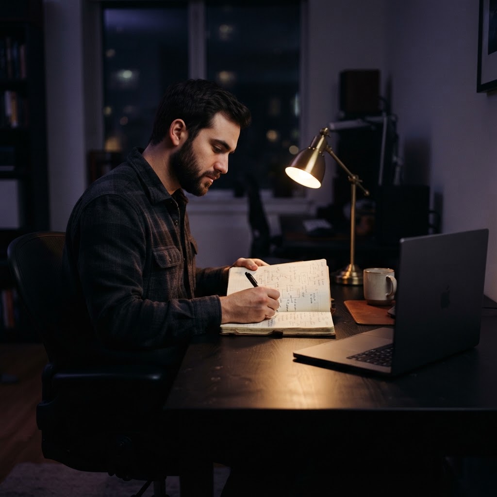Developer writing in an engineering journal at a dimly lit desk